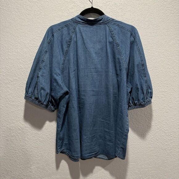 Lands End Denim Puff Sleeve Tie Front Top Women’s XL Medium Wash 100% Cotton - Picture 8 of 9
